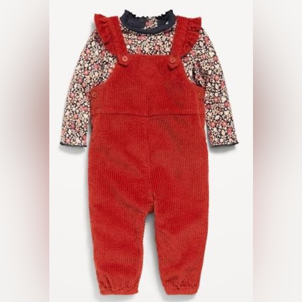 Old Navy, Ruffle-Trim T-Shirt and Corduroy Overalls Set, 12-18M